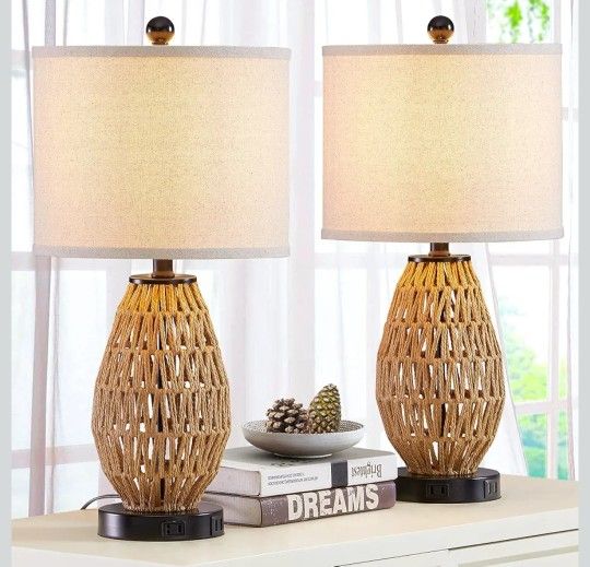 Rattan Table Lamps with Touch Control, 3-Way Dimmable Bedside Lamps for Bedroom, Set of 2 with 2 USB Ports and AC Outlet, Wicker Nightstand Lamps for 
