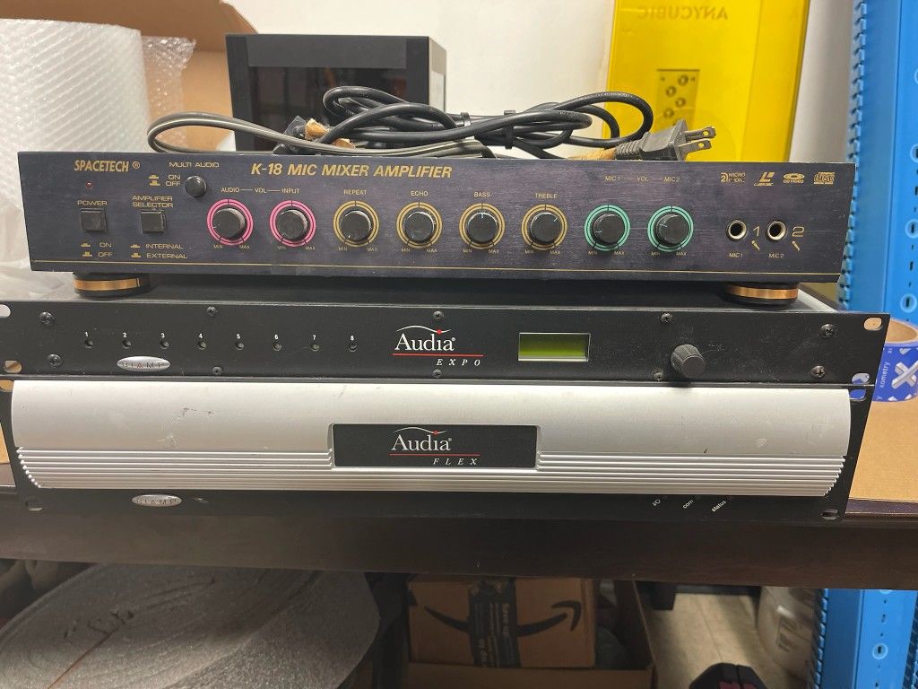 Biamp Audia expo 8 channel module rack mount,
Biamp audia flex digital audio processor,
Spacetech k-18 mic mixer amplifier