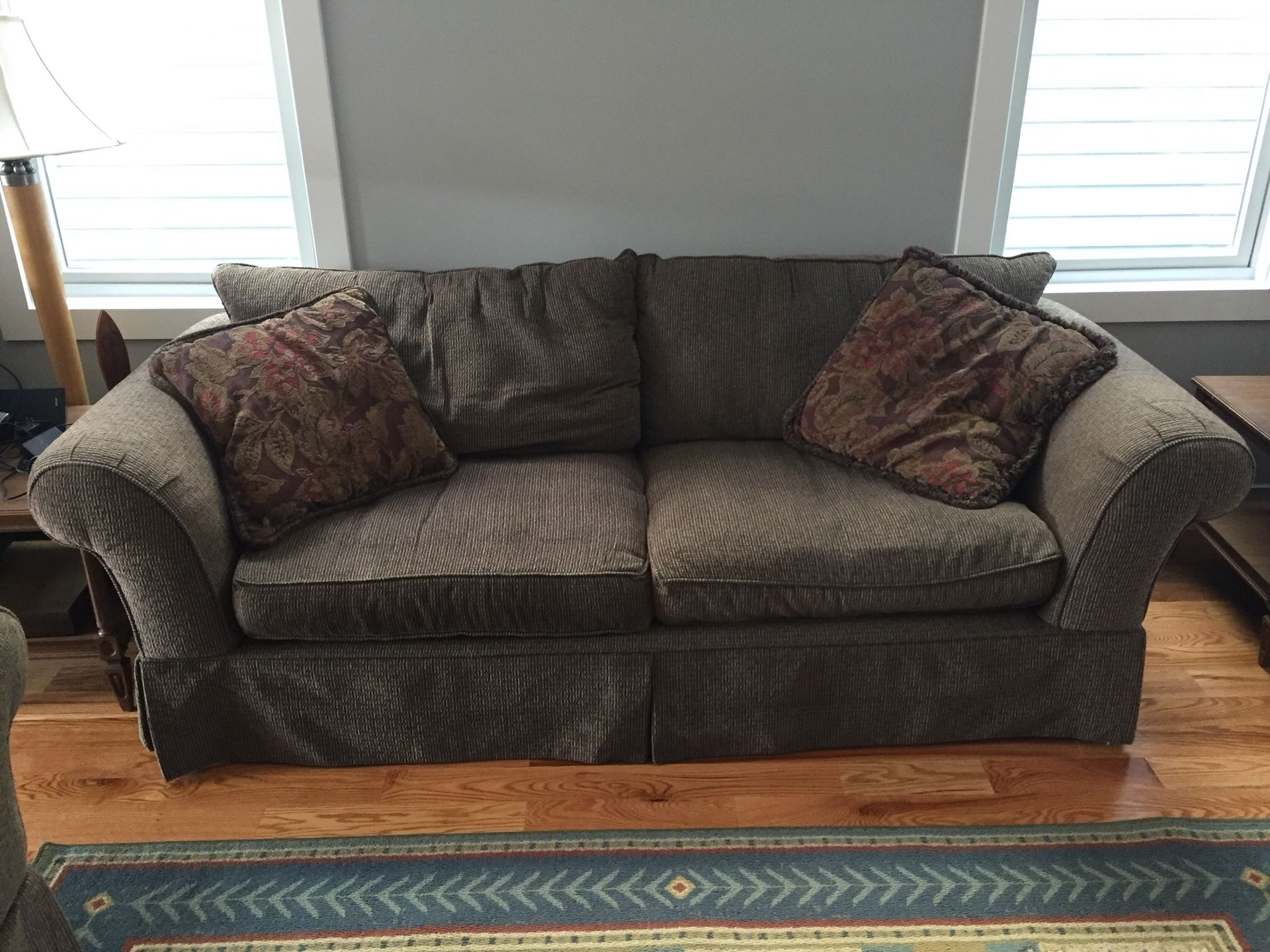 Hickory hill couch and overstuffed chair purple and tan