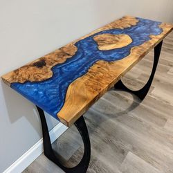 Epoxy River Console/Entry Table With Live Edge Maple Burl