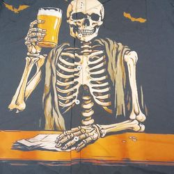 Aloha Men’s Sz L Skull Skeleton Beer Bats Button Down Halloween Shirt Black