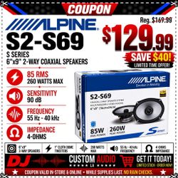 Alpine S2-S69 6x9 Inch 2-Way Coaxial Car Audio Speakers - Next-Generation S-Series 85W RMS 260W Power Handling (Pair)