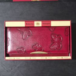 Roberto Nekapna Red Butterfly Embossed Wallet w/ ID Windows, Zip Coin Pocket