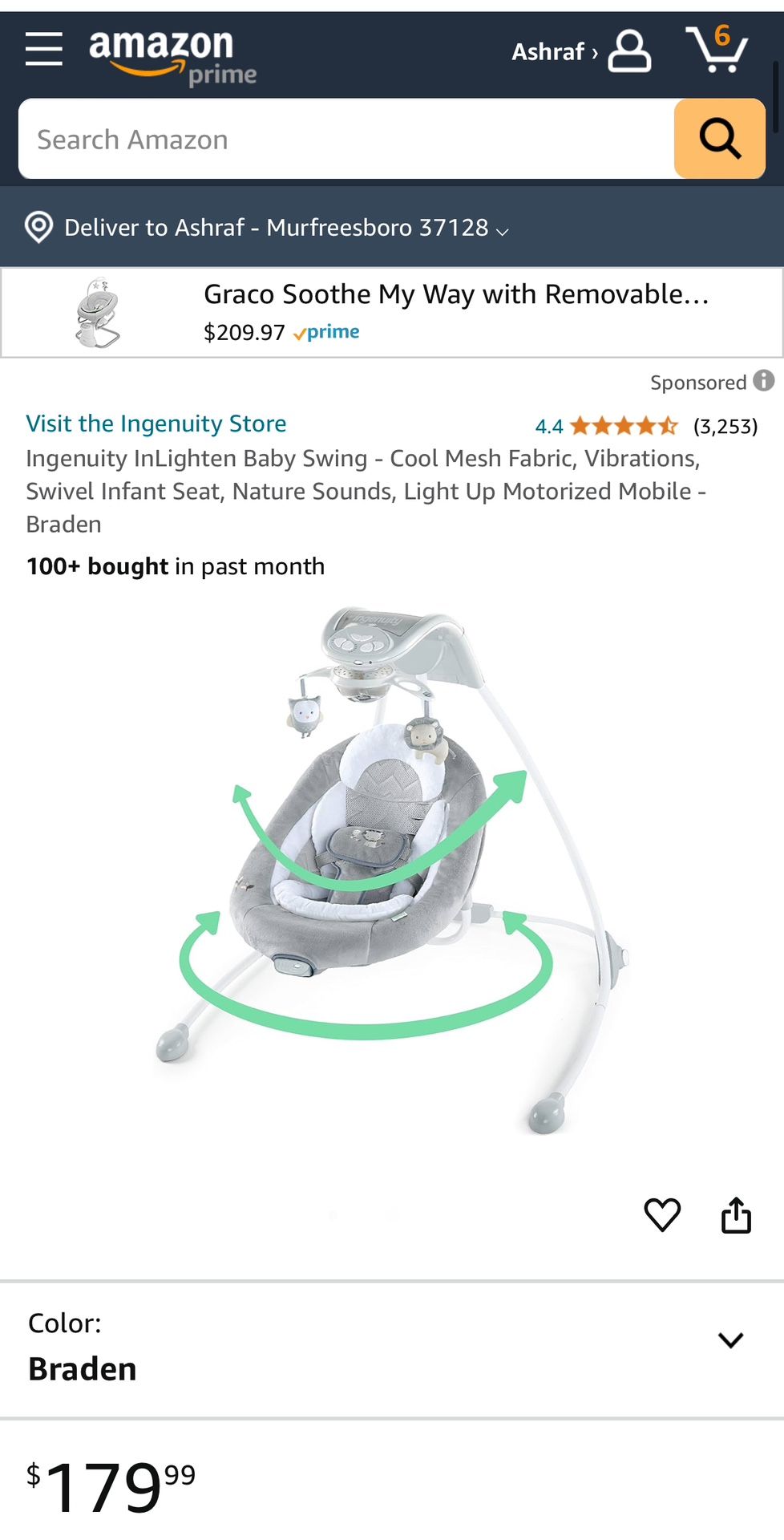 Ingenuity InLighten Baby Swing - Cool Mesh Fabric, Vibrations, Swivel Infant Seat, Nature Sounds, Light Up Motorized Mobile - Braden Nee in Box