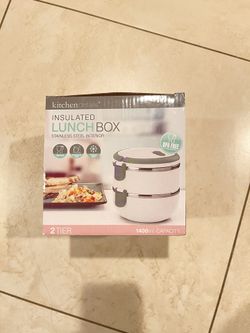 Insulated Hot Cold Lunch Box 2 Tier Stainless Steel Interior Gray Color NEW