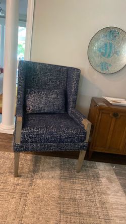 Blue Tweed Accent Chair with Wood Arms