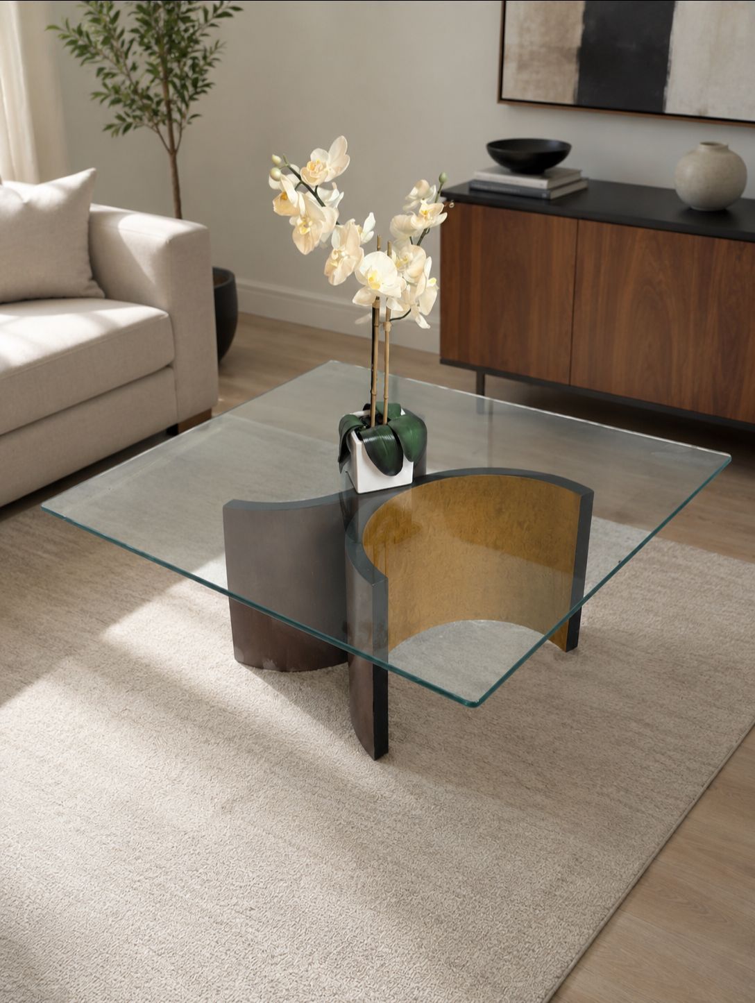 Modern Glass Coffee Table with Sculptural Base