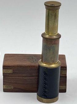 Vintage Miniature Brass & Leather-wrapped Nautical Spyglass Telescope w/Matching Wooden Storage Box
