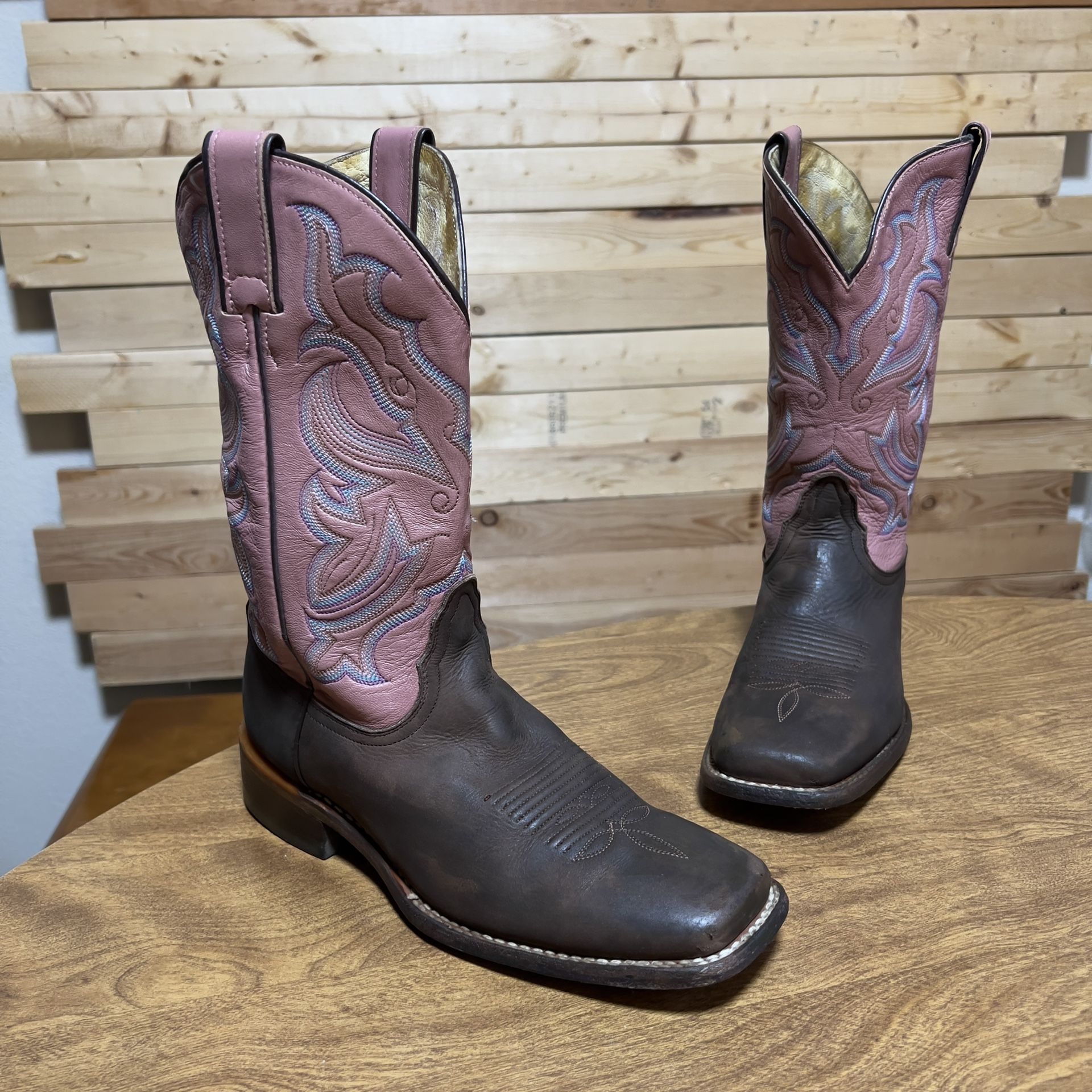 NOCONA VTG. Pink Brown Leather SlipOn Cowboy Western Square Toe Boots size 8.5