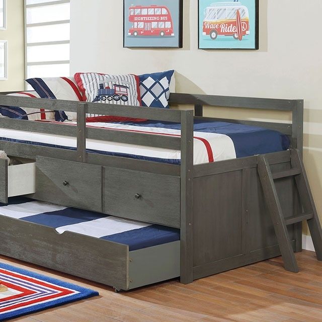 WIRE-BRUSHED GRAY STIRAGE-DRAWERS-CAMA-SENCILLA CAJONES