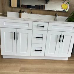 60-inch vanity set including cabinet, countertop, and backsplash. Size: 60W × 36H × 22D