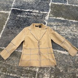 Outbrook Suede Leather Jacket Tan Patchwork Whipstitch Tie Size S