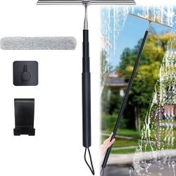 Squeegee for Shower Cleaning(59IN), Window Squeegee for Home with Extension Pole, Window Washing Kit with 14" Silicone Scrapers & Microfiber Scrubber,