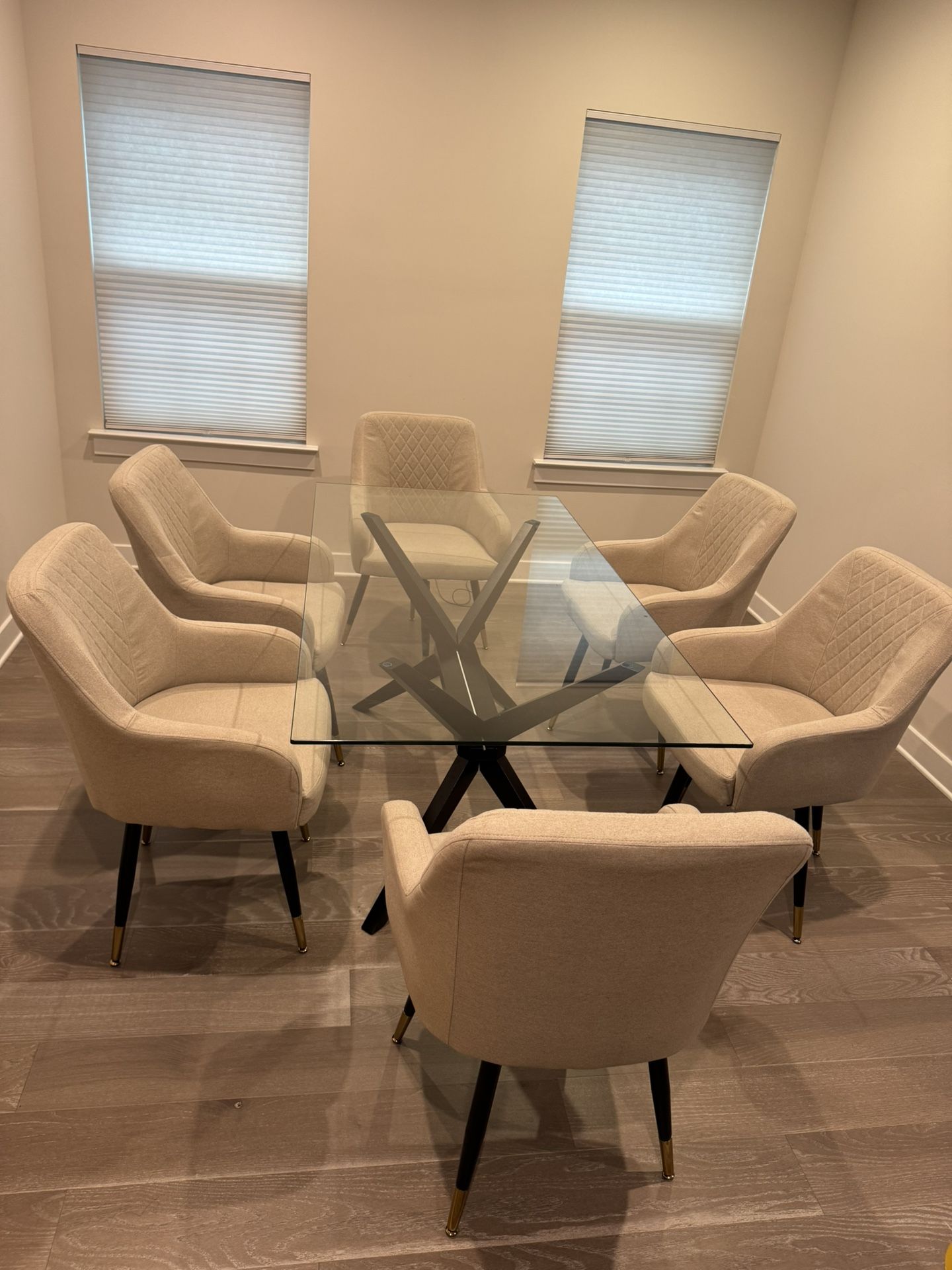 6-Seater Glass Dining Set with Beige Chairs – Modern & Elegant