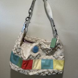 Coach Signature F17426 Khaki Multi Logo Canvas Patent Shoulder Handbag Purse