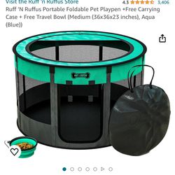 Ruff 'N Ruffus Portable Foldable Pet Playpen +Free Carrying Case + Free Travel Bowl (Medium (36x36x23 inches), Aqua (Blue)) $25