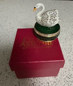 Artist Greg Arbutine Metal Gold Enameled Swan Box  Turquoise and White Crystals