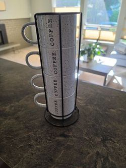 Stackable Mug Coffee Cup 8oz Set of 4 Black White Speckled & Stand