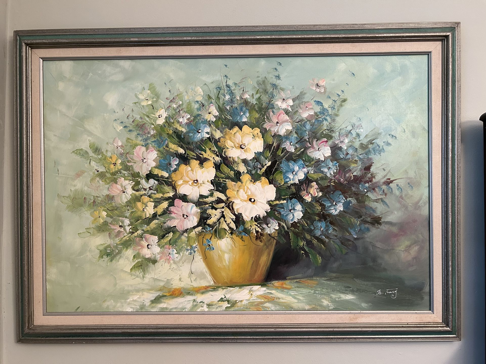 Large Vintage Mid Century Modern Floral Signed B. Tracy Acrylic on Canvas Painting"