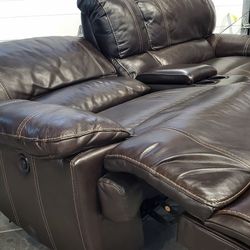 Extended Genuine Leather Electric Loveseat With Console Storage And Cupholders