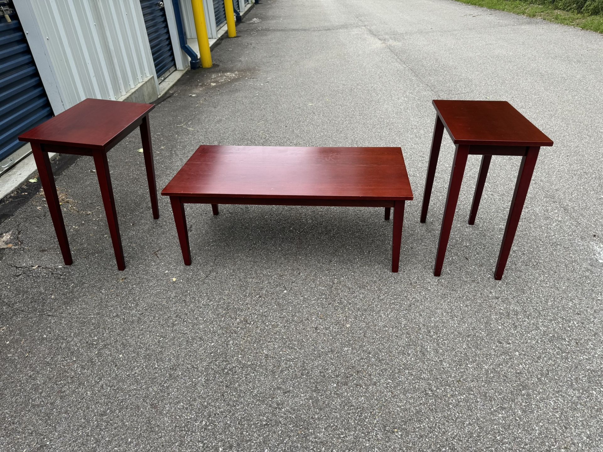 Wooden Coffee Table And End Tables Coffee Table 46 1/2” long 24 1/2” deep 18” tall End Tables 15” wide 24 1/2” deep 28 1/2” tall