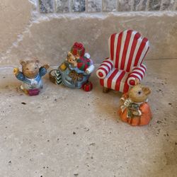 Vintage 4 Piece Christmas Hand Painted Porcelain Set Mice Boy Girl