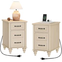 WAMPAT Set of 2 End Tables with Charging Station, Beige Tall Side Table with Storage Cabinet & Drawer, Wooden Nightstands with Power Outlets