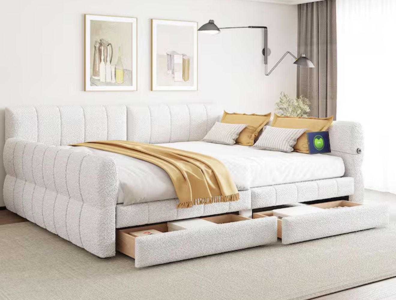White Queen Size Daybed with USB and 2-Drawers