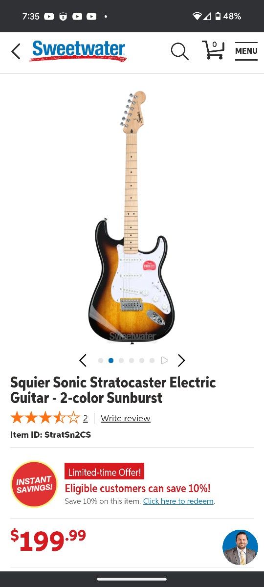 Fender Squier Sonic Stratocaster Electric Guitar - 2-color Sunburst

