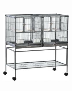 PawHut Double with Rolling Stand Removable Metal Tray Bird Cage, Black