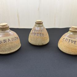 Unique Vintage Stoneware Pottery Spice Herb Jars with Corks Set of 3