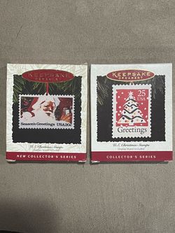 Hallmark Keepsake Ornament US Christmas Stamps Enamel On Copper Lot Of 2
