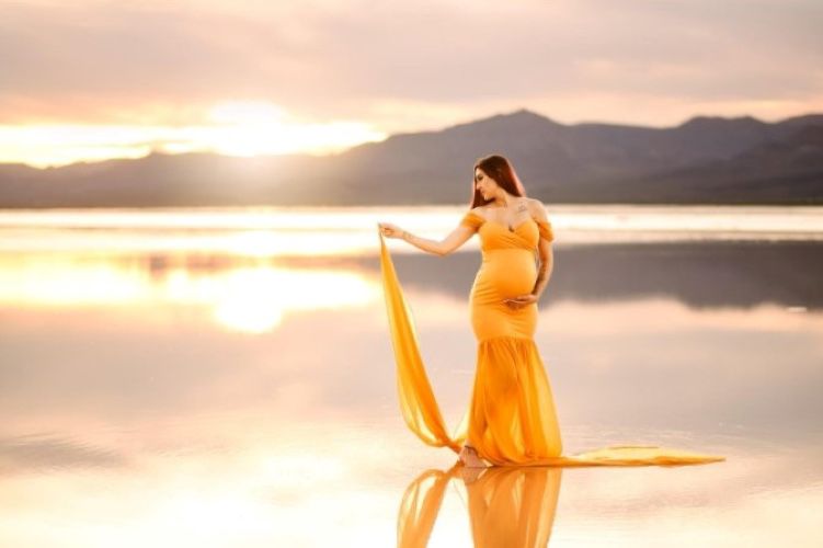 Maternity Gown Photoshoot Dress Photo Prop Maxi Long Train Rail Medium - Large - XL Gold/Yellow