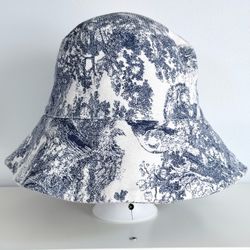 Bucket Hat Blue White Toile de Jouy Pattern Cotton Brand Luxury