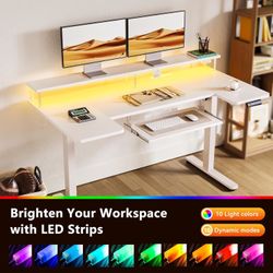 U Shaped Electric Standing Desk with Keyboard Tray, 55 Inch Height Adjustable Desk with Power Outlets & LED Lights, Sit Stand Table with Monitor Stand