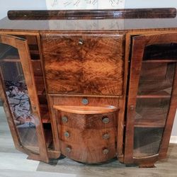 Antique Solid Oak Beautiful Condition Secretary Side by Side Flip Down Desk/Dresser Glass Doors