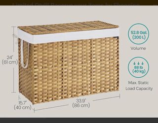 SONGMICS 52.8gal (200 L) Laundry Hamper Rattan Clothes Basket w/ Lid and Handles - Natural