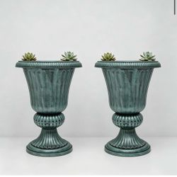 20‘’ Plastic Urn Planter Vase, Flower Pot Set of 2, Dark Green Vintage Roman Flower Pot, Indoor & Outdoor Plants, Lightweight & Drainage Hole, Retro H