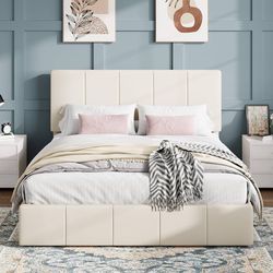 Queen Size Bed Frame, Velvet Upholstered Platform Bed, Cream Vertical Channel Tufted Adjustable Headboard, Low Profile Bed Frame, No Box Spring Needed