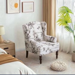 Wingback Accent Chair, Upholstered Mid Century Modern Armchair with Solid Wood Legs, Fabric Linen Leisure Single Sofa Chair for Living Room, Bedroom, 