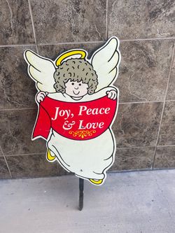 Vintage 90s Angel Garden Yard Stake – "Joy, Peace & Love" Decor