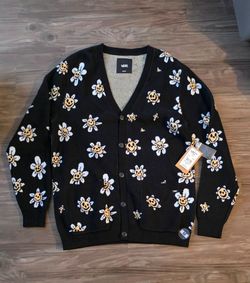 New Vans Hilltop Cardigan Sweater Black Smiley Flower Trippy Grin Knit Mens M NWT