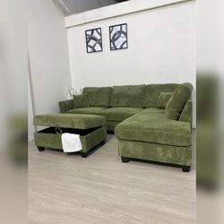 Dark green couch with ottoman