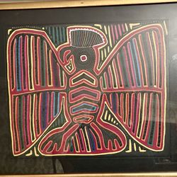 Gold matted and framed authentic handcrafted multicolored MOLA from Panama