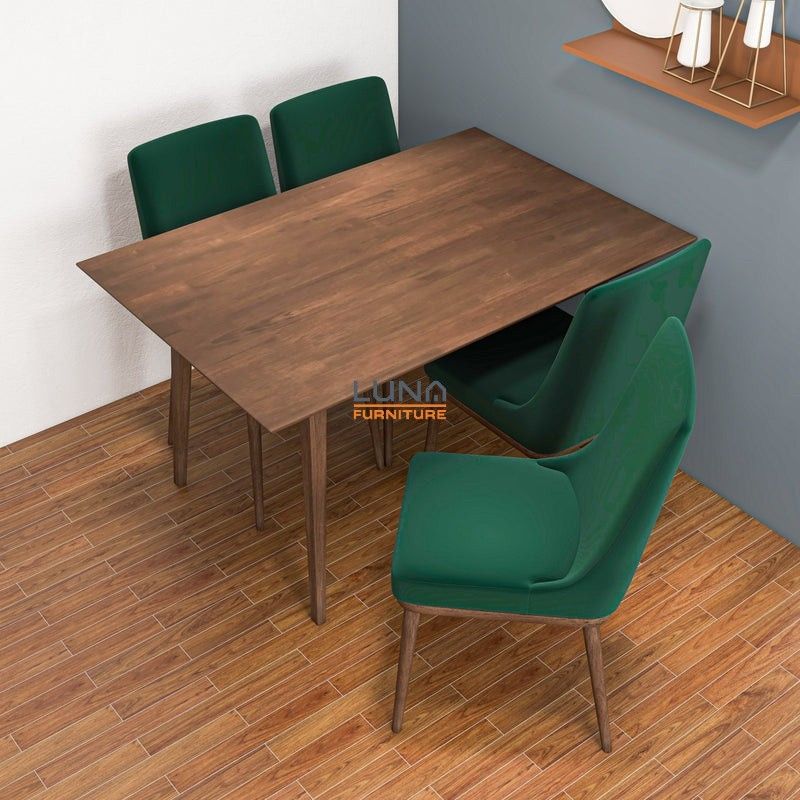 Adira Walnut Small Dining Set with 4 Brighton Green Velvet Chairs

