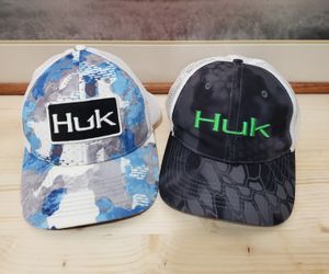 Two HUK Hats! Blue & White Camo With White Mesh Back Angler Trucker Hat And Kryptek Camo Pattern With Bright Green HUK Logo On Front! Price For Both!