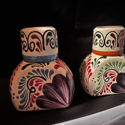 (2) Jarro de Barro con Vaso | Mexican Water Jug w Cup | Hand Painted Jug