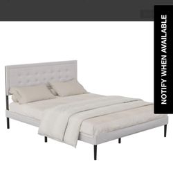 Iron Platform Bed Frame with Wooden slats support & Upholstered Headboard - Grey