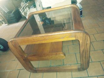 Solid oak end table with smoked glass top