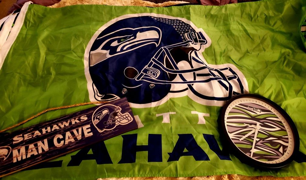 Seahawks Man Cave Gear - 3 Large Flags, Wooden Sign And Clock